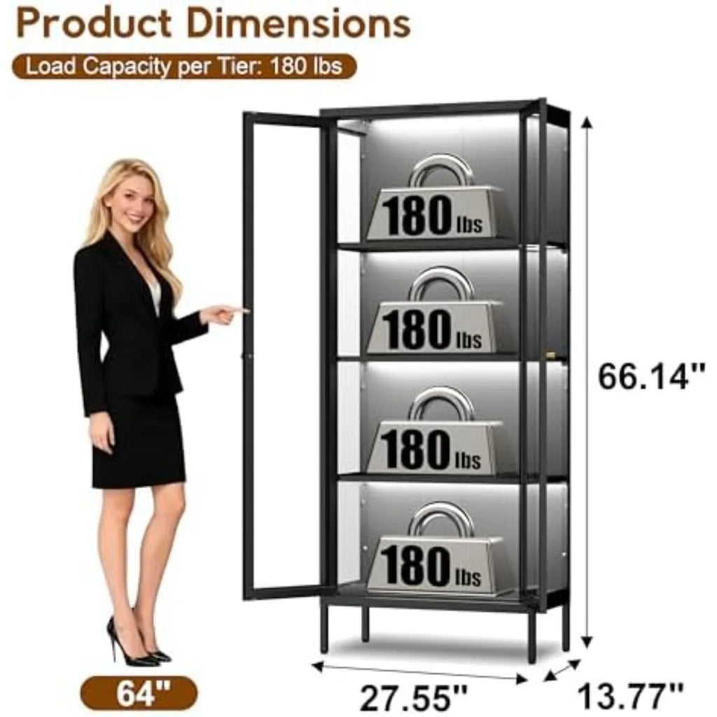 Display Cabinet with Glass Doors, Glass Display Cabinet with 8 Color LED Lights, Curio Display Cabinet with 3 Shelves