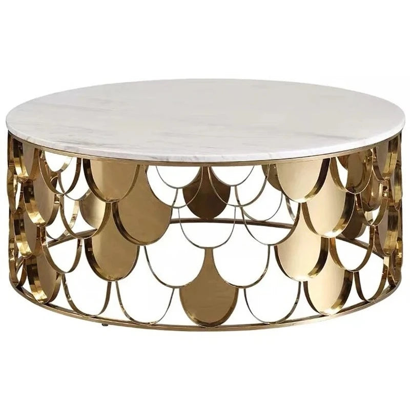 Table Basse Ronde en Acier Inoxydable – Décoration Écaille Brillante pour Salon