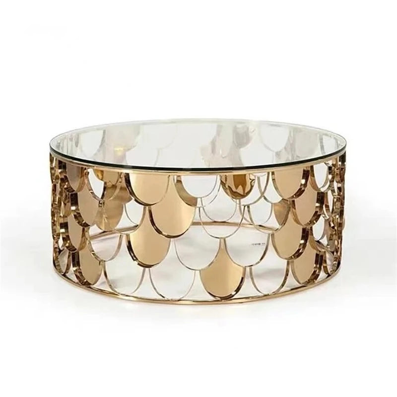 Table Basse Ronde en Acier Inoxydable – Décoration Écaille Brillante pour Salon
