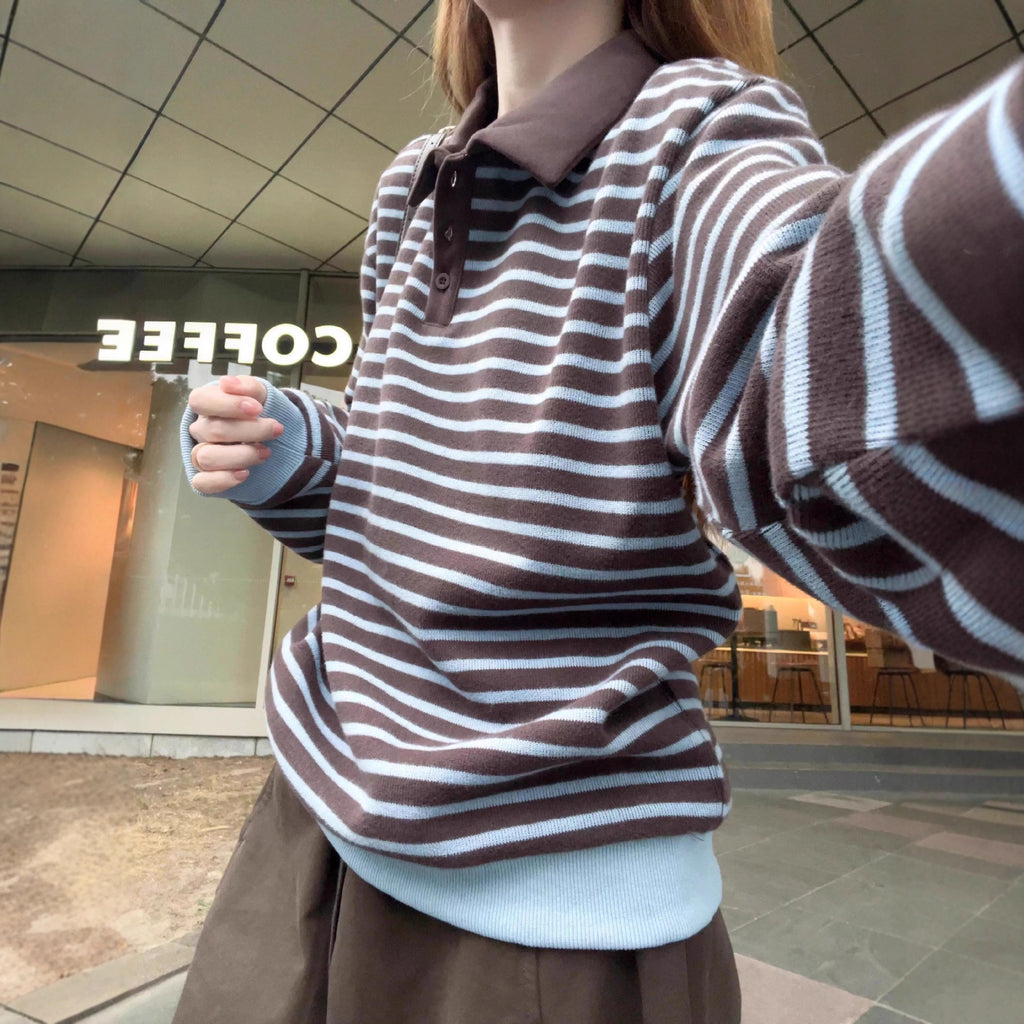 Pull Rayé Col Polo en Maille — Femme