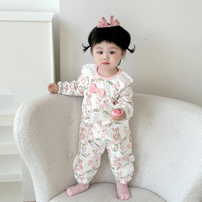 Cotton Bear Onesie for Newborn Baby Girls, Spring Autumn Casual Outfit, Unique Design, Long Sleeve, Full Zip Closure, Soft Comfortable Material