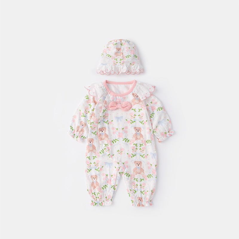 Cotton Bear Onesie for Newborn Baby Girls, Spring Autumn Casual Outfit, Unique Design, Long Sleeve, Full Zip Closure, Soft Comfortable Material