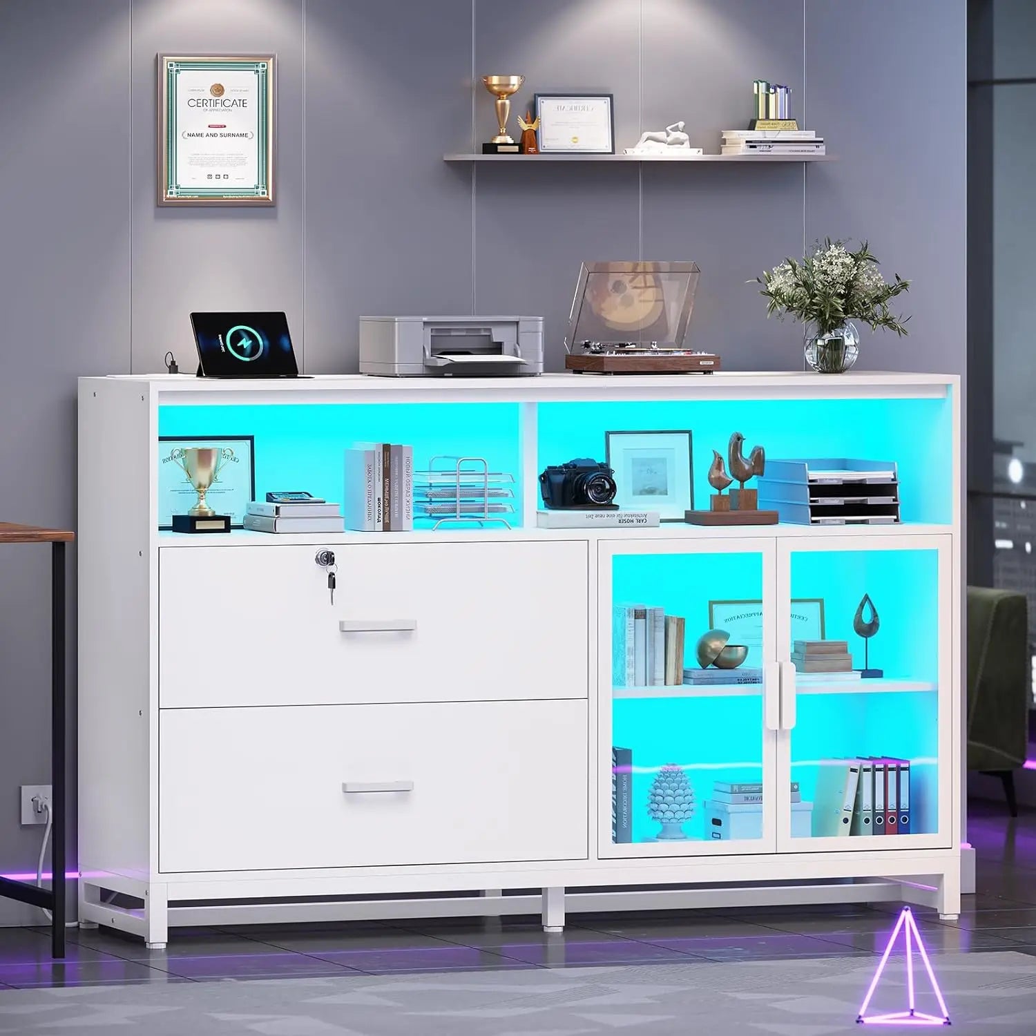 Classeur de bureau 150 cm – 2 tiroirs verrouillables, station de charge & LED