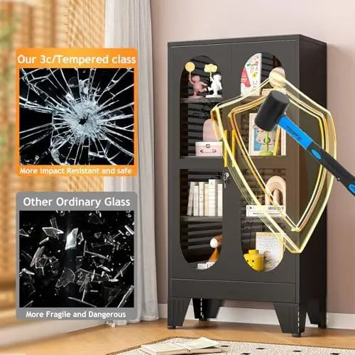 47" H Locking Display Cabinet with Glass Door, Metal Cabinets with 3 Adjustable Shelves, Cabinet Display Case for