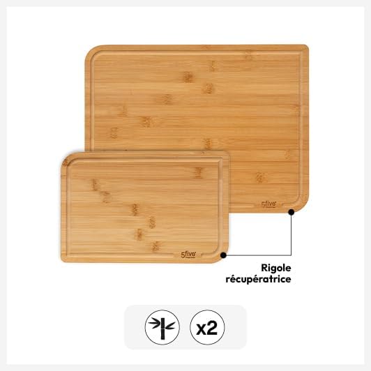 Lot de 2 Planches à Découper en Bambou 5five – 35x25 cm & 22x15 cm, Rainure Jus, Lavage Main