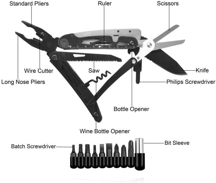 RoverTac Multitool zakmes tactisch survivalmes camping geschenken voor mannen papa echtgenoot 18 in 1 multi-tool mes tang schaar kurkentrekker 9-pack schroevendraaier