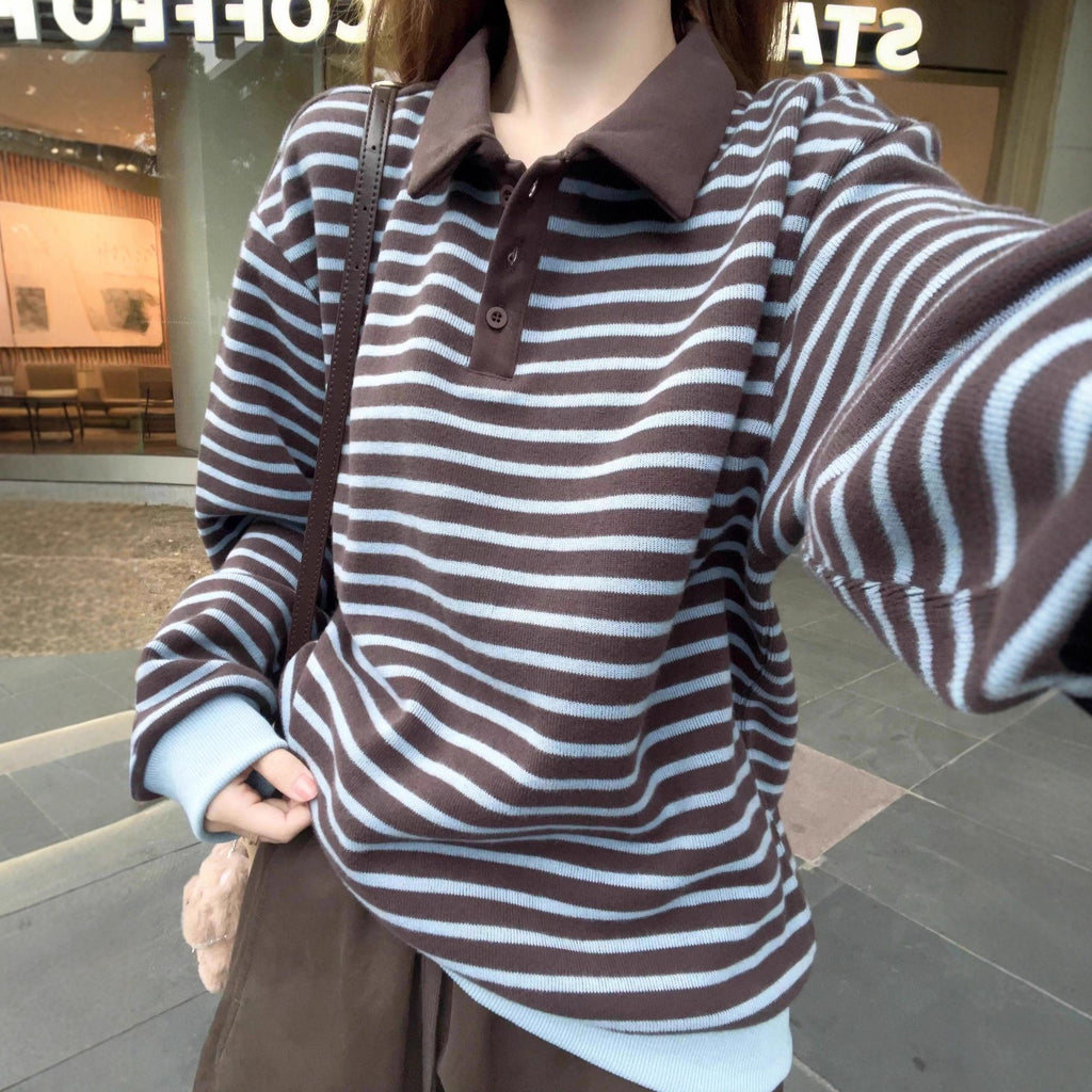 Pull Rayé Col Polo en Maille — Femme