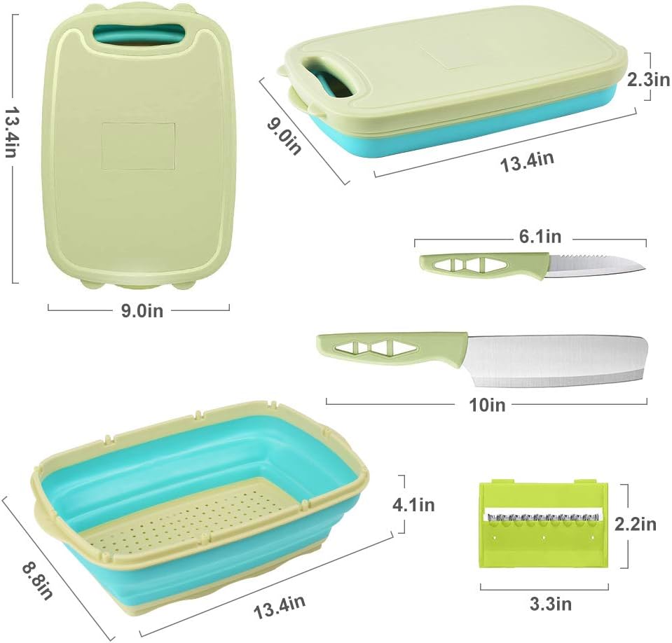 HI NINGER 9-in-1 multifunctionele snijplank, keuken met 5 groentesnijders en 2 messen, draagbare kunststof opvouwbare afvoermand voor camping, barbecue, outdoor