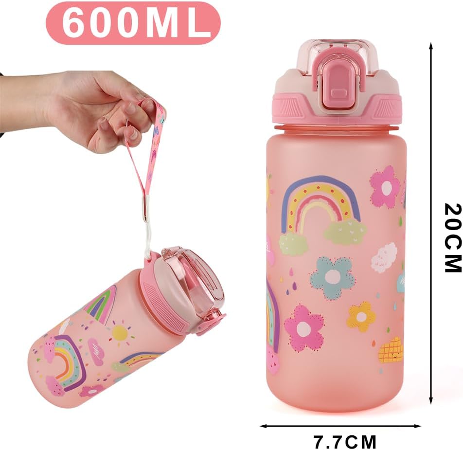 Children's Water Bottle, 600 ml, Sturdy and Shatterproof, Leak-Proof with Straw, BPA-Free, Beautiful Water Bottle for Girls and Boys Suitable for School Travel, Portable