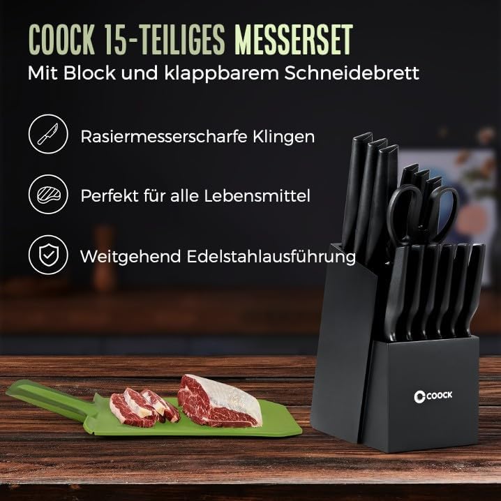 Set de Couteaux Coock 17 Pièces — Bloc, Planche Pliable, Inox Sans BPA