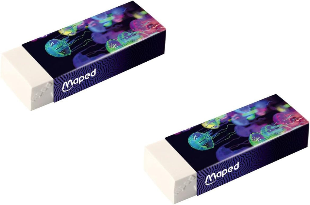 Maped - Set van 2 witte DeepSea Paradise gommen - Dust-Free schoolgum - PVC- en ftalaatvrij - versierde schede - Gemaakt in Frankrijk