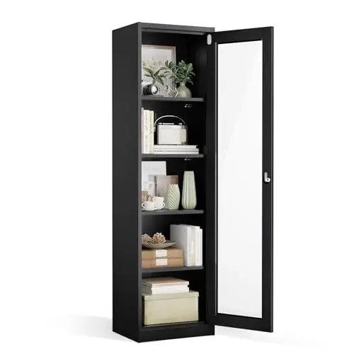 Lockable Display Cabinet with Glass Doors & 5 Adjustable Shelves, 71" Tall Black Metal Storage Cabinet Curio Liquor