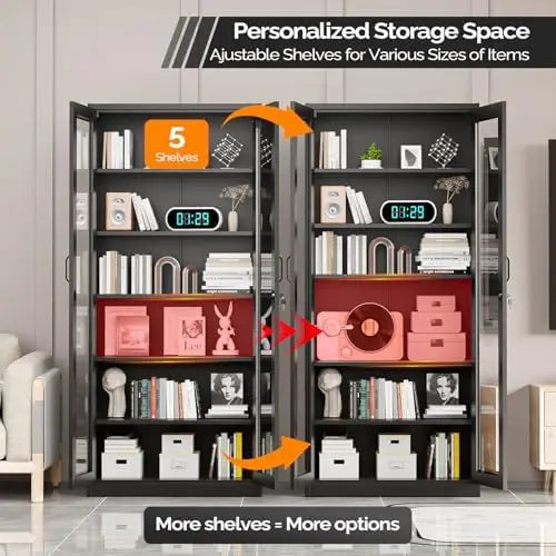 Lockable Display Cabinet with Glass Doors & 5 Adjustable Shelves, 71" Tall Black Metal Storage Cabinet Curio Liquor