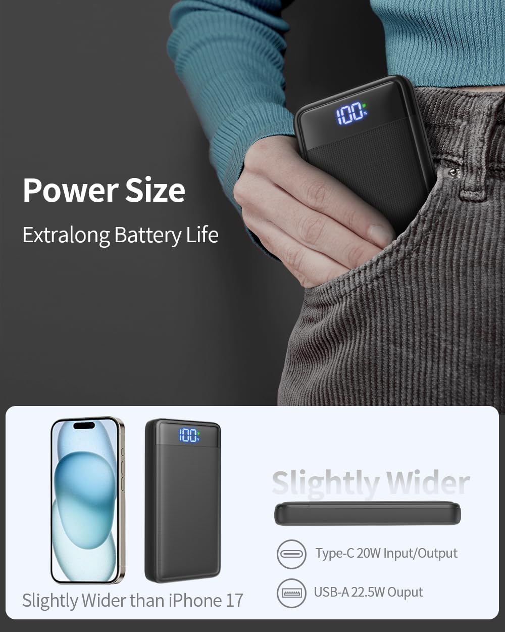 Externe accu, 26800 mAh, 22,5 W powerbank, draagbare batterij USB C ingang en uitgang PD3.0 QC4.0, snel opladen, draagbare oplader met lcd-display, compatibel met 16, 15, 14, 13 tablets enz.