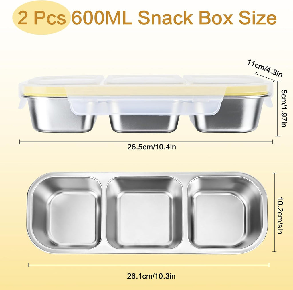 Snackbox met vakken, roestvrij staal, snackbox voor kinderen, met 3 vakken, BPA-vrij, voor snoep, specerijen, noten, koekjes, groenten, school, werk, 26,2 x 10,3 cm