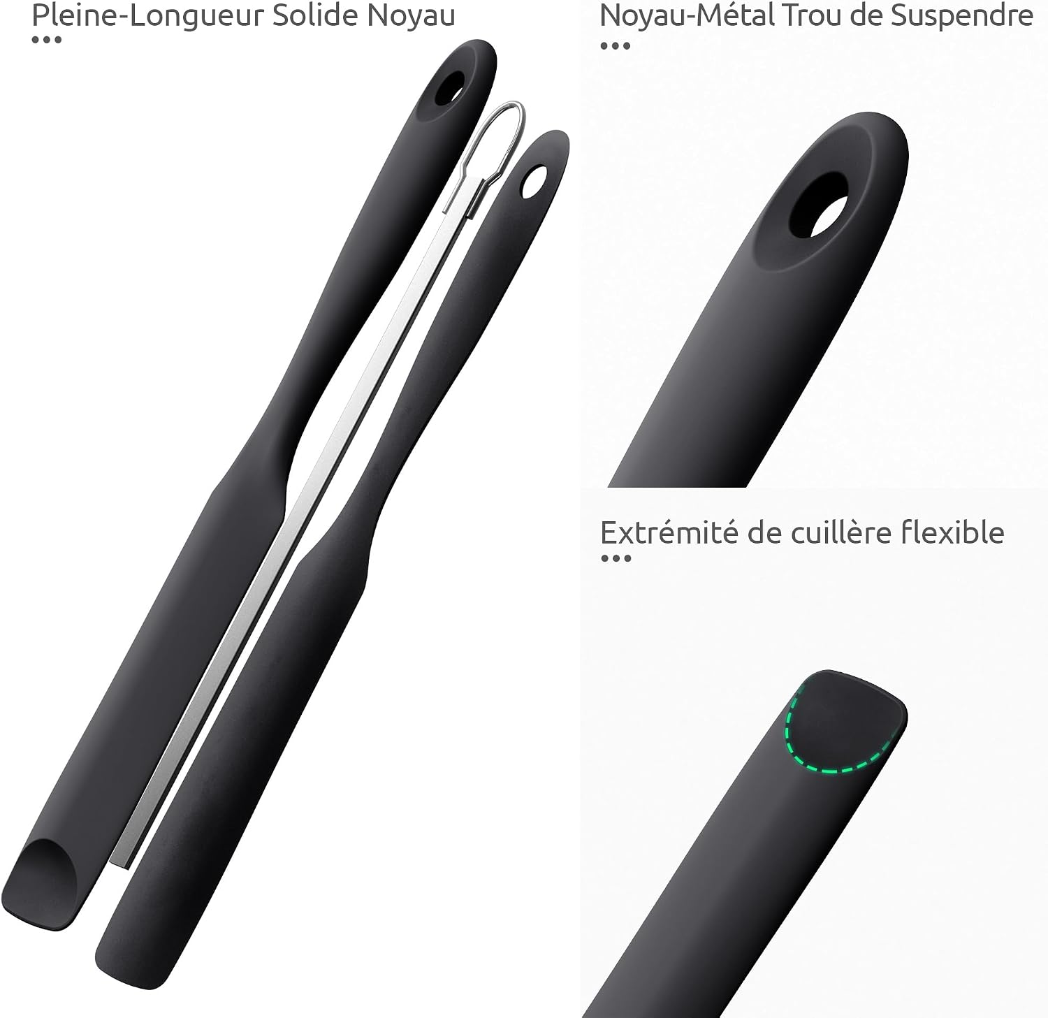 Spatule Silicone U-Taste – Embout Cuillère, Cœur Acier Inox, Résistante 315°C, 24,5 cm, Noir