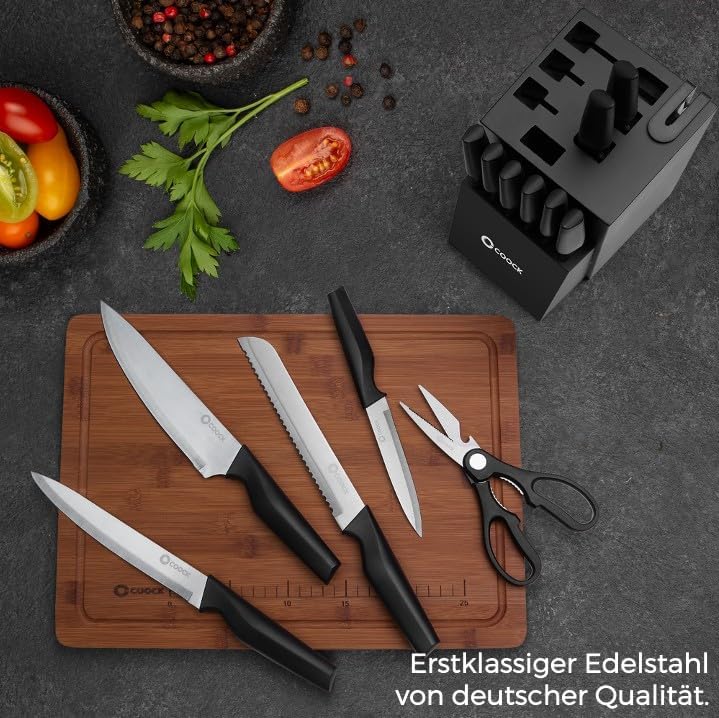 Set de Couteaux Coock 17 Pièces — Bloc, Planche Pliable, Inox Sans BPA