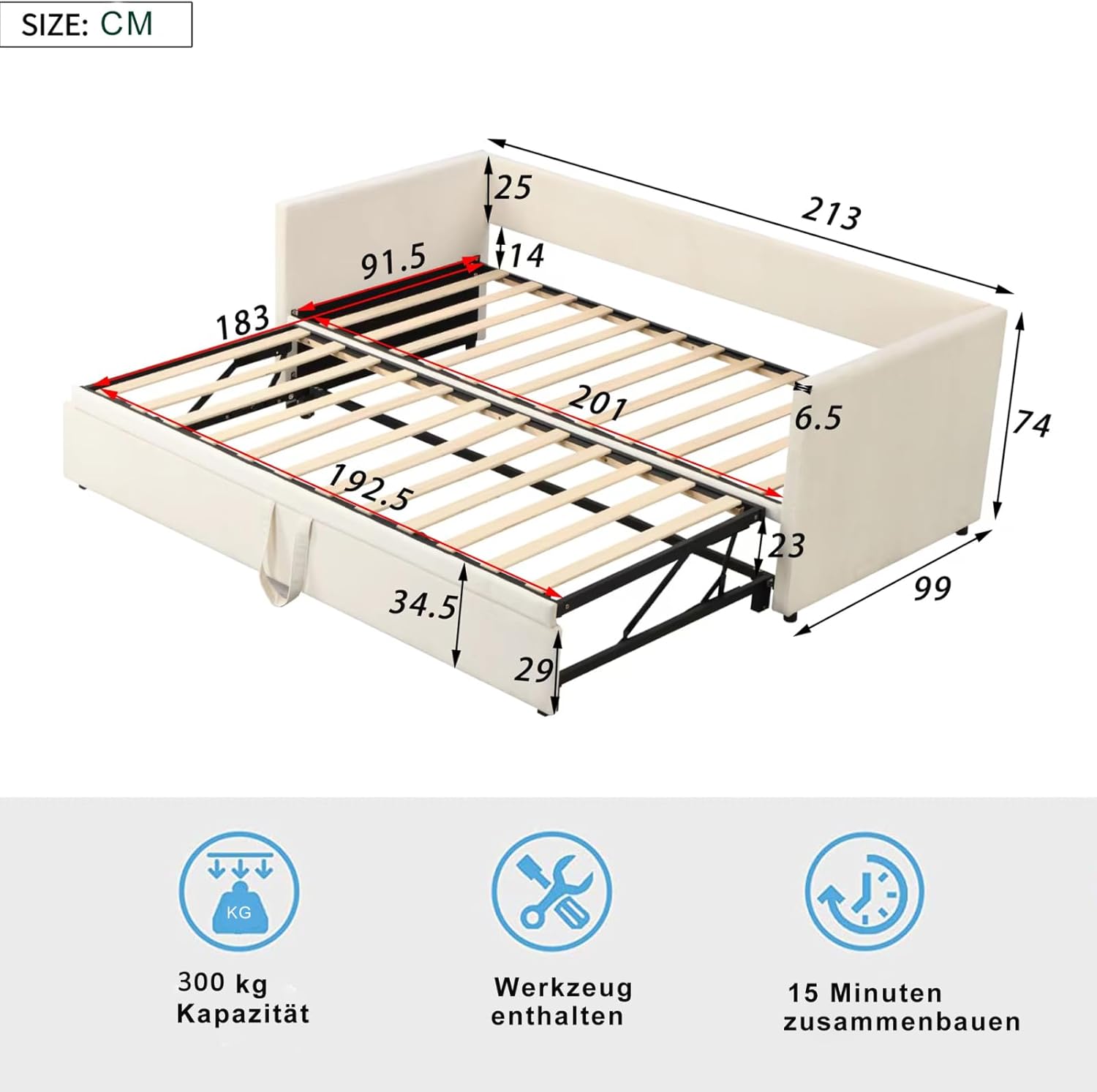 Canapé-Lit Convertible LKPOMI 2 Places — Velours Beige, Lit 180x200 cm