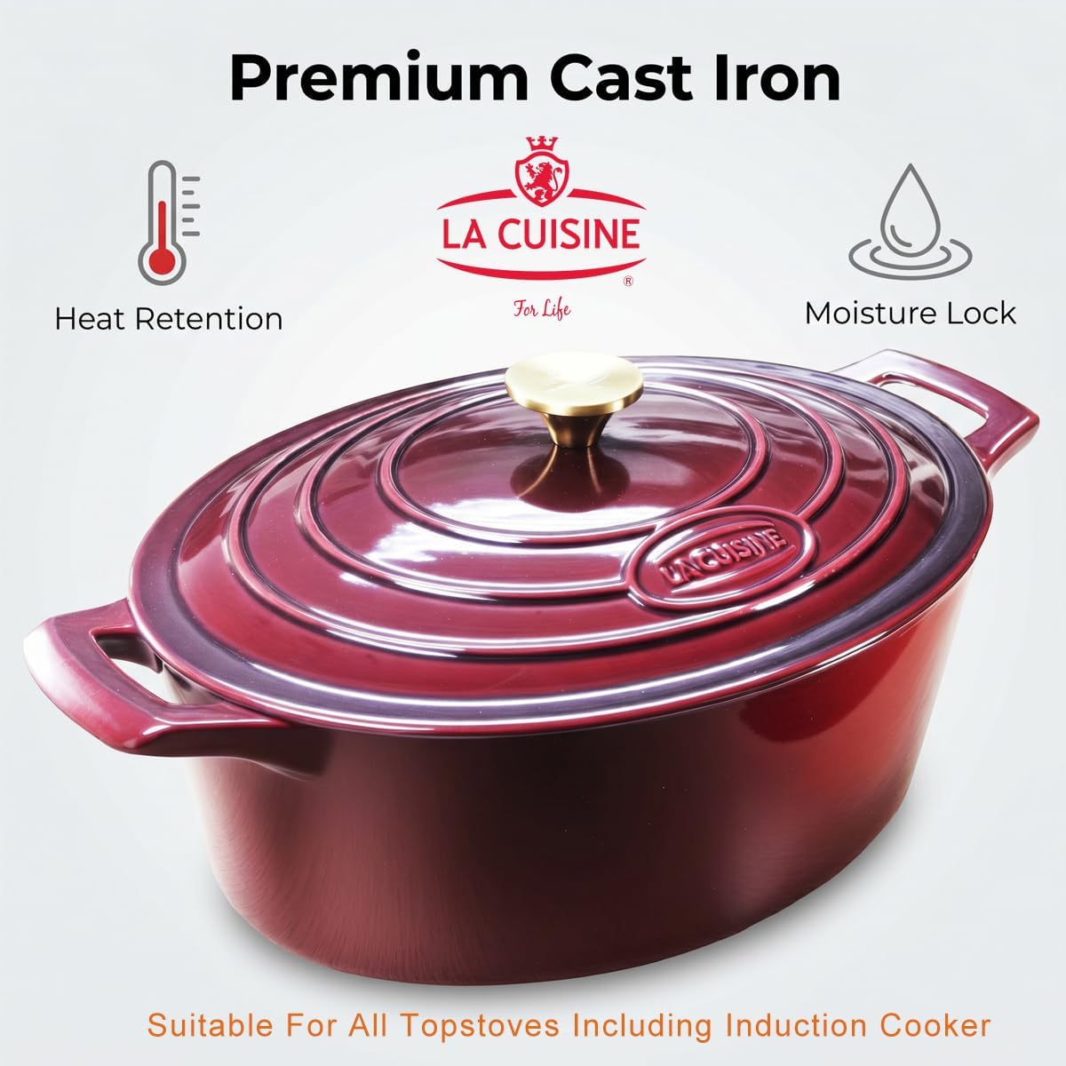 Cocotte Ovale en Fonte Émaillée La Cuisine – 5 L, Canneberge, Bouton Doré, Induction