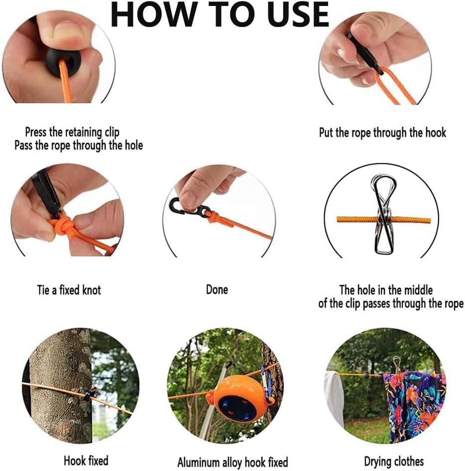 Intrekbare waslijn voor camping, outdoor, reizen, 10 m, met 10 winddichte wasknijpers