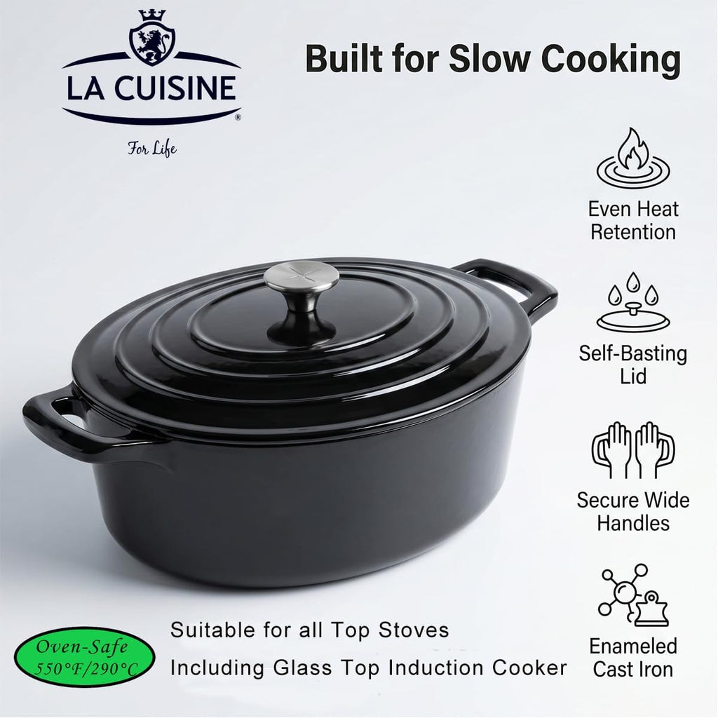 Cocotte Ovale en Fonte Émaillée La Cuisine – 5 L, Canneberge, Bouton Doré, Induction
