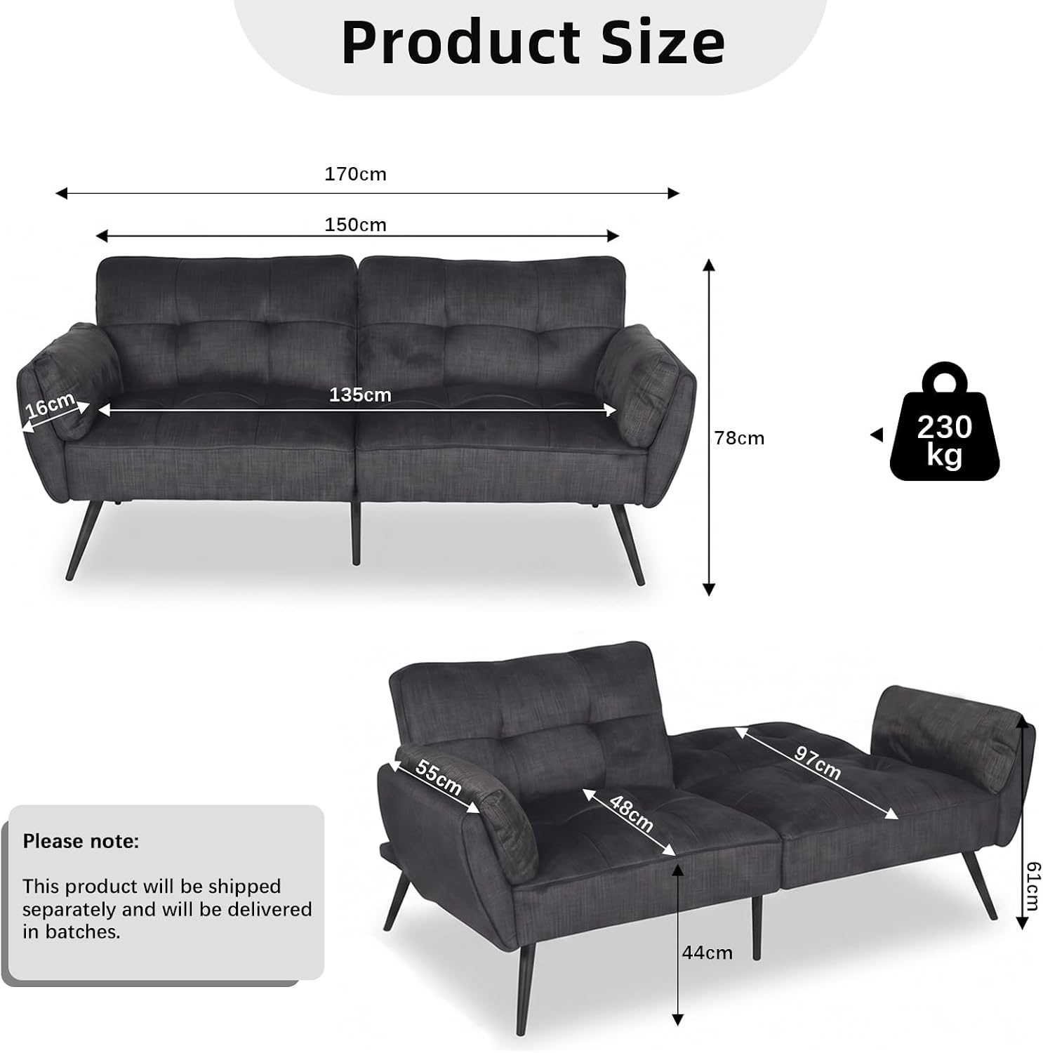 Canapé-lit convertible JIEXI – 3 places – Tissu gris – Dossier 3 positions – 170 cm