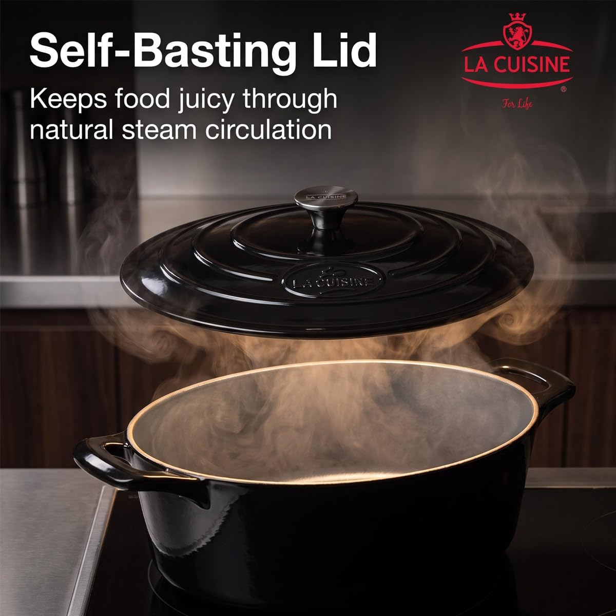 Cocotte Ovale en Fonte Émaillée La Cuisine – 5 L, Canneberge, Bouton Doré, Induction
