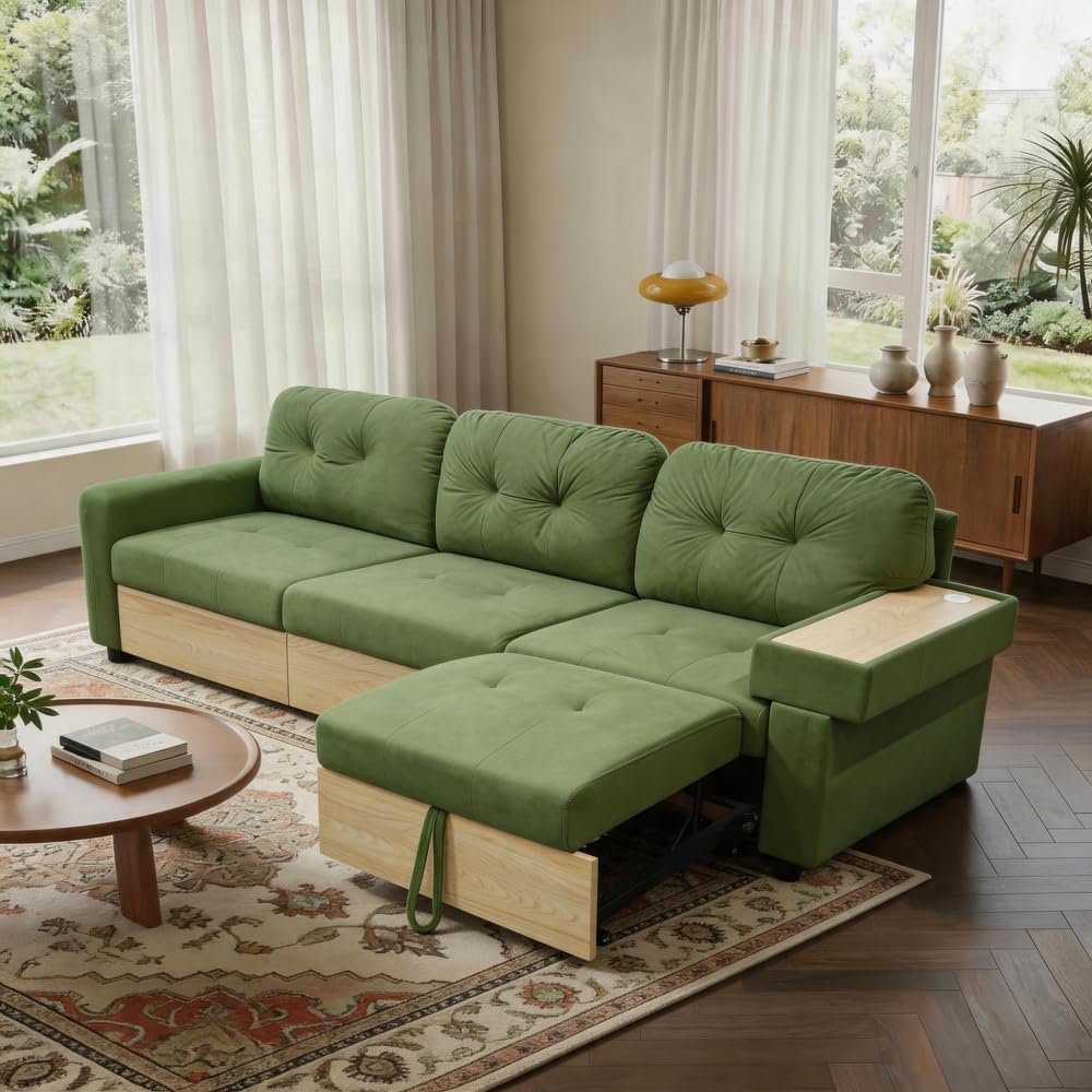 Canapé d'Angle Modulable Cayipng — Velours Vert, Port USB, Rangement