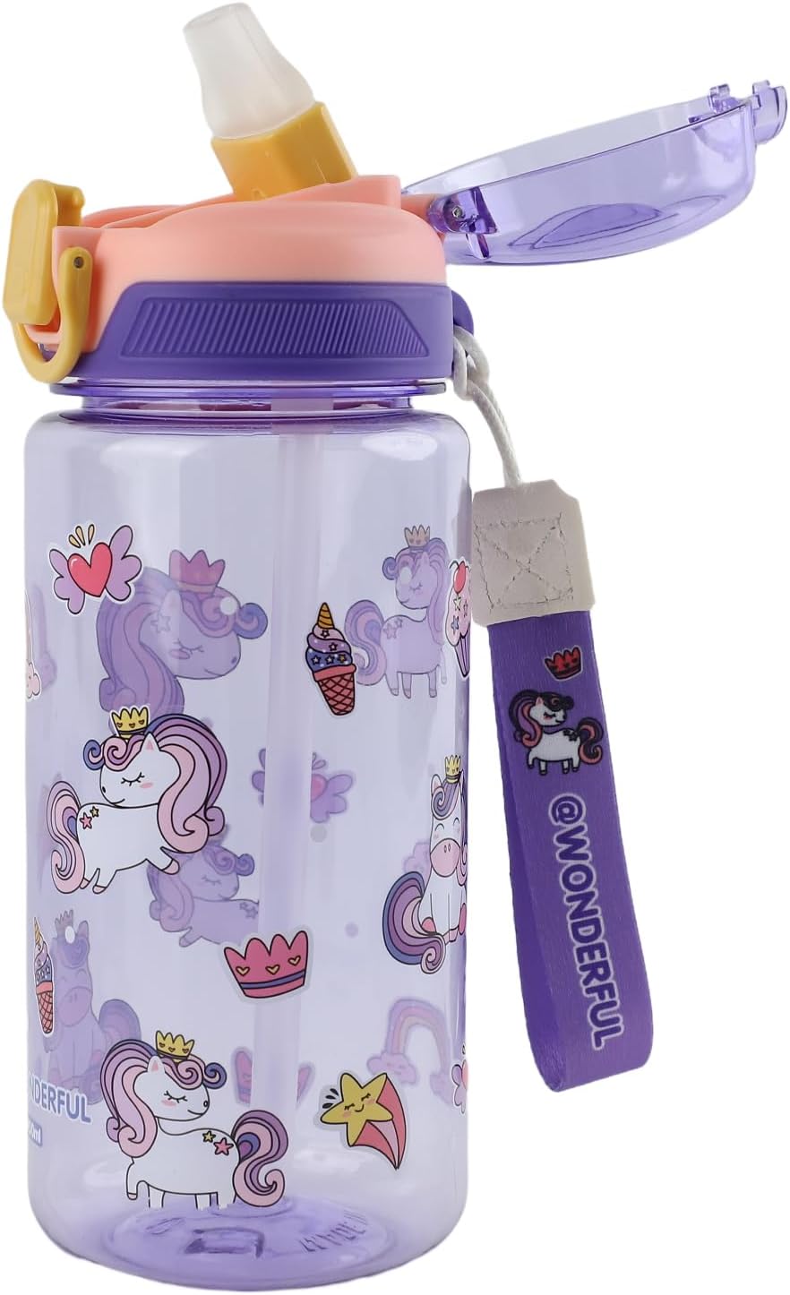 Children's Water Bottle, 600 ml, Sturdy and Shatterproof, Leak-Proof with Straw, BPA-Free, Beautiful Water Bottle for Girls and Boys Suitable for School Travel, Portable