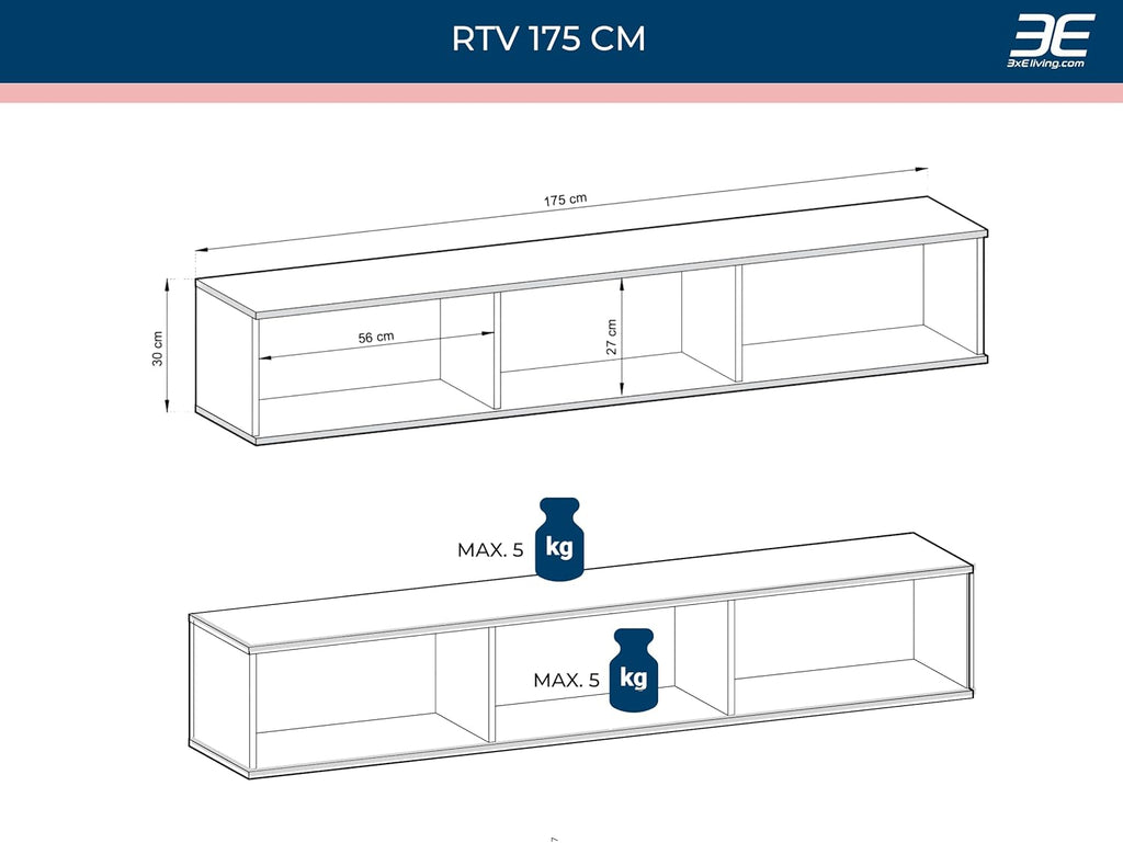 Meuble TV Mural Design | Ouverture Push-to-Open | 175 x 30 x 32 cm
