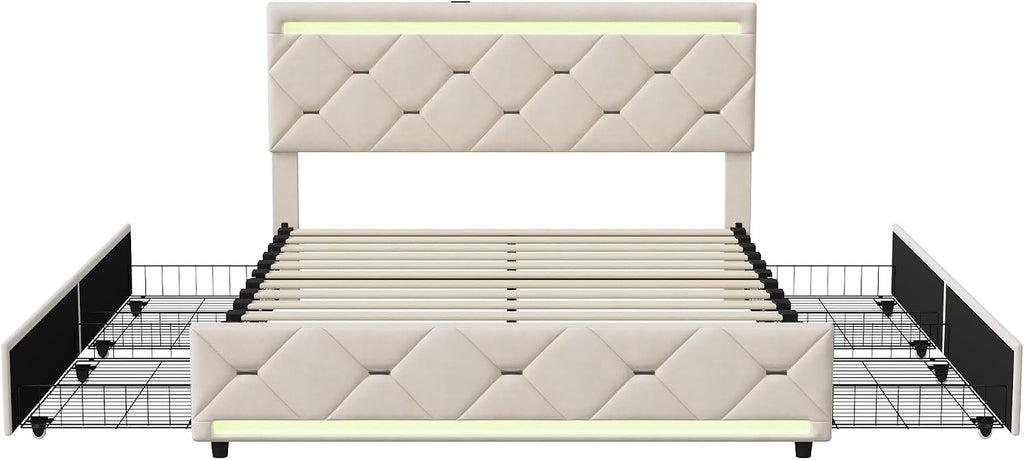 Lit Double 140x200 cm – 4 Tiroirs de Rangement, Éclairage LED +6000 Couleurs & Tête de Lit Réglable en PU