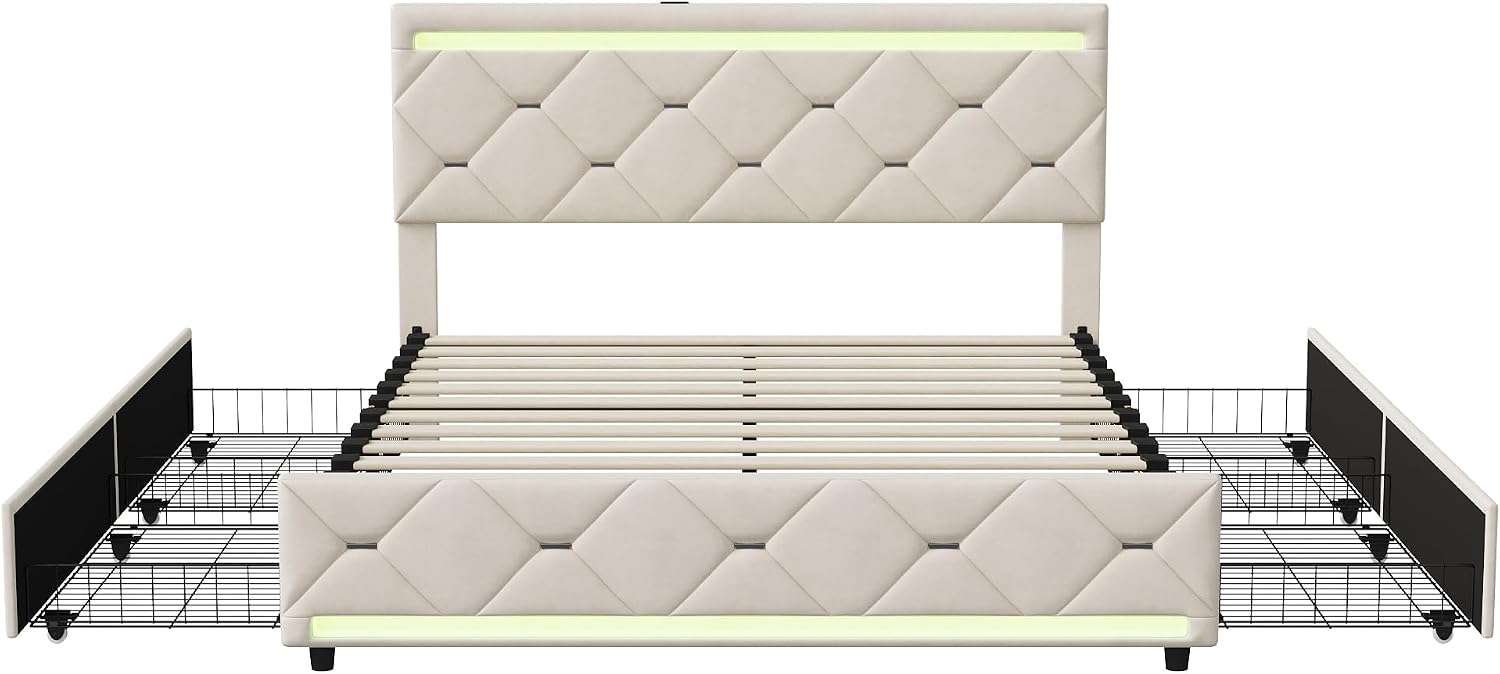 Lit Double 140x200 cm – 4 Tiroirs de Rangement, Éclairage LED +6000 Couleurs & Tête de Lit Réglable en PU