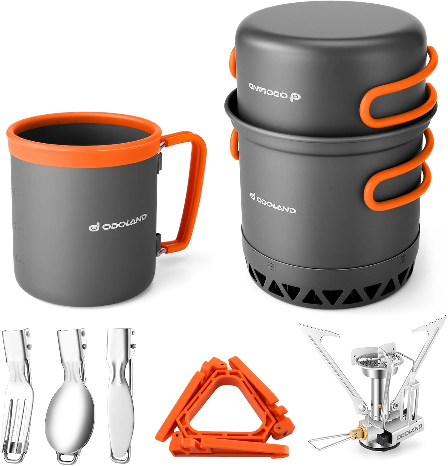 Odoland Opgewaardeerd campingkookgerei - Aluminium buitenkookgerei met brander en mok - Opvouwbaar bestek - Mini campingkooktoestel voor buiten picknick