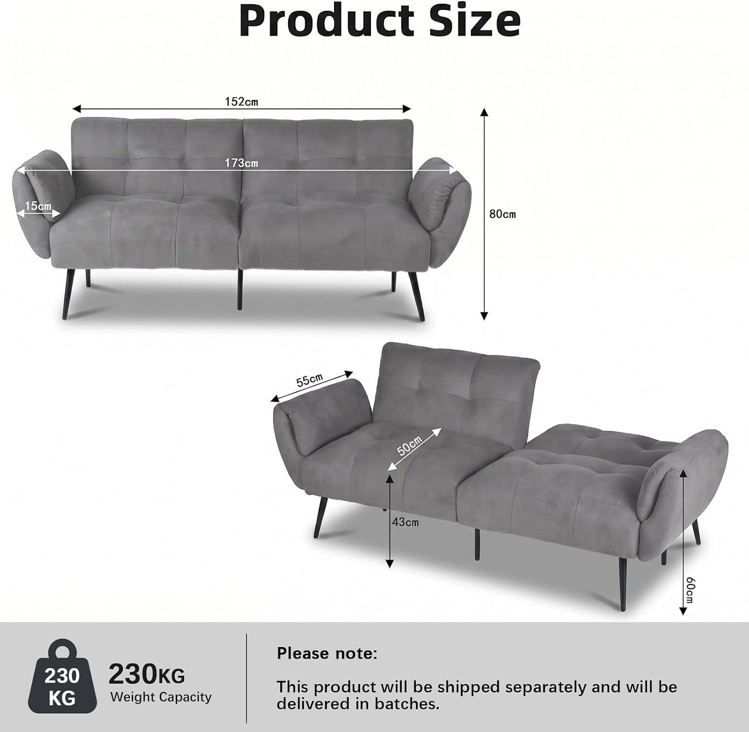 Canapé-lit convertible JIEXI – 3 places – Tissu gris – Dossier 3 positions – 170 cm