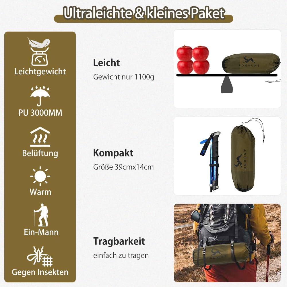 TOMOUNT BIVY Ultralichte nylon bivaktent voor 1 persoon, waterdicht, klein formaat, trekkingtent, camping, outdoor, klimmen met rugzak
