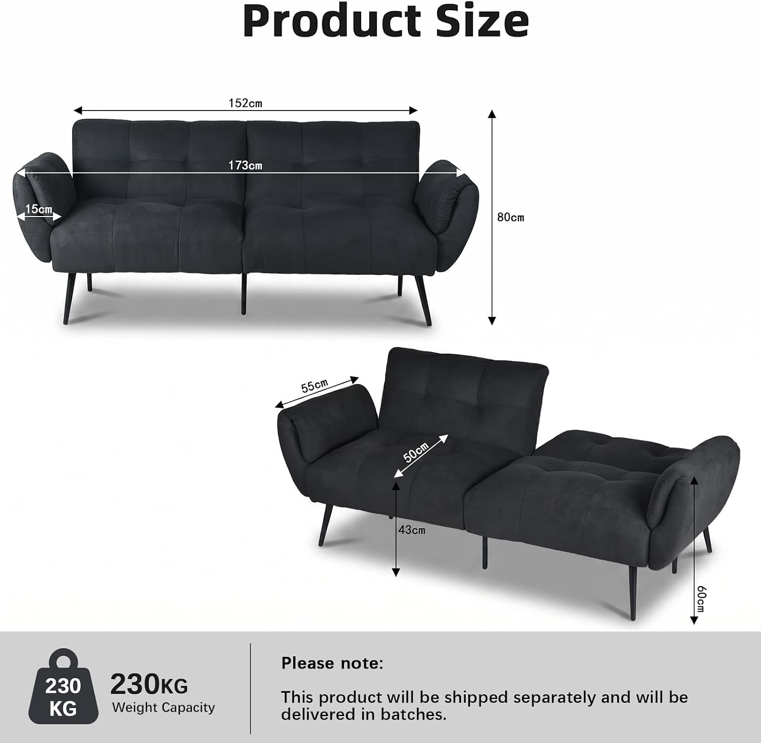 Canapé-lit convertible JIEXI – 3 places – Tissu gris – Dossier 3 positions – 170 cm