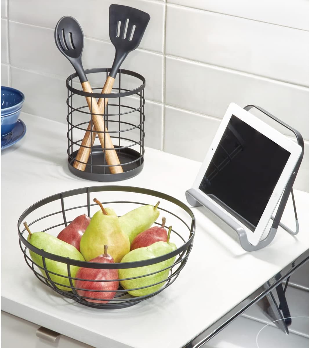 Porte-Ustensiles de Cuisine iDesign Austin – Métal Noir Mat, Design Grille Ouverte, 15 x 18 cm