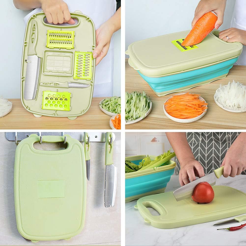 HI NINGER 9-in-1 multifunctionele snijplank, keuken met 5 groentesnijders en 2 messen, draagbare kunststof opvouwbare afvoermand voor camping, barbecue, outdoor