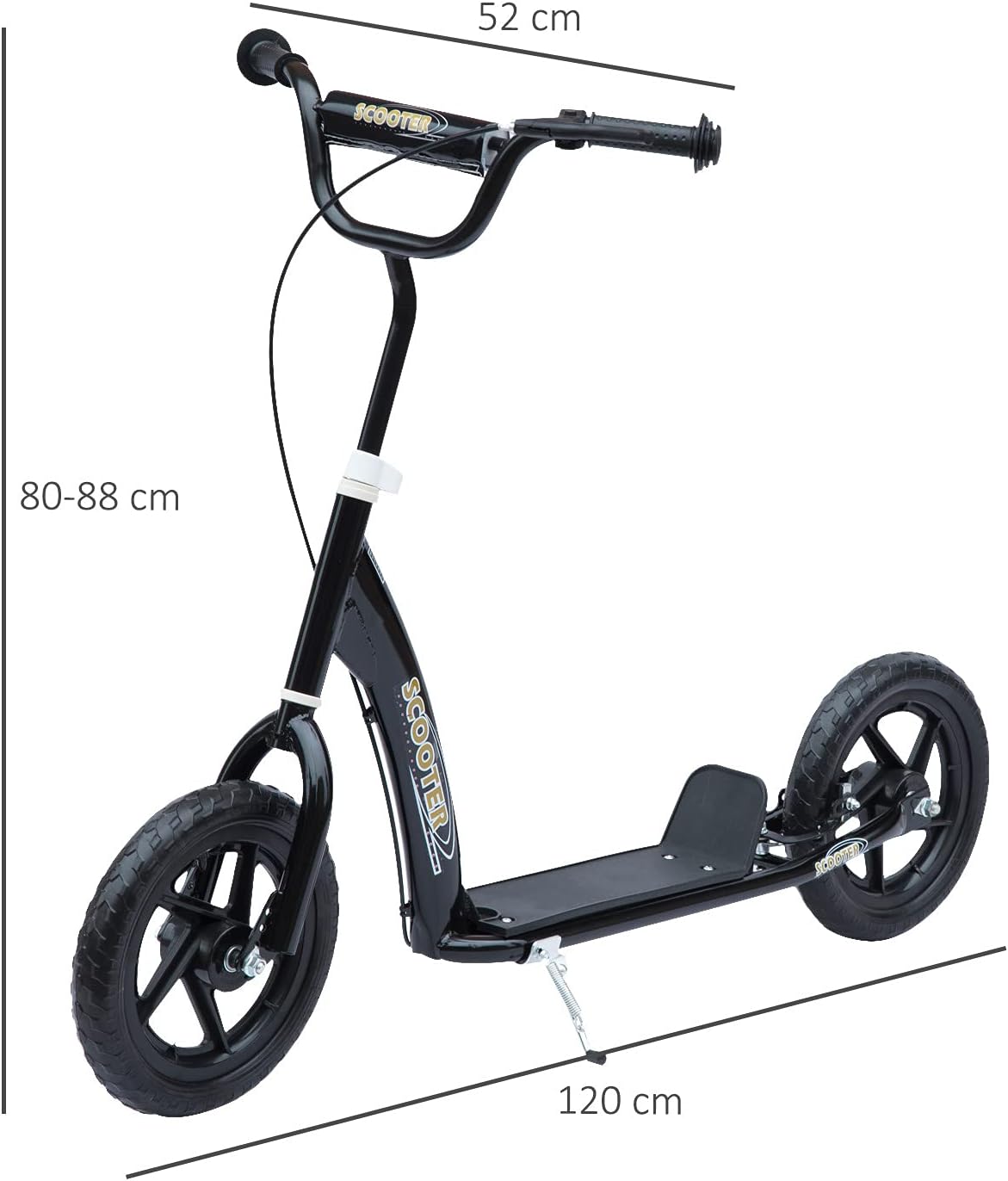 HOMCOM Scooter met banden, 30 cm, hoogte verstelbaar stuur, handgreep rem en standaard