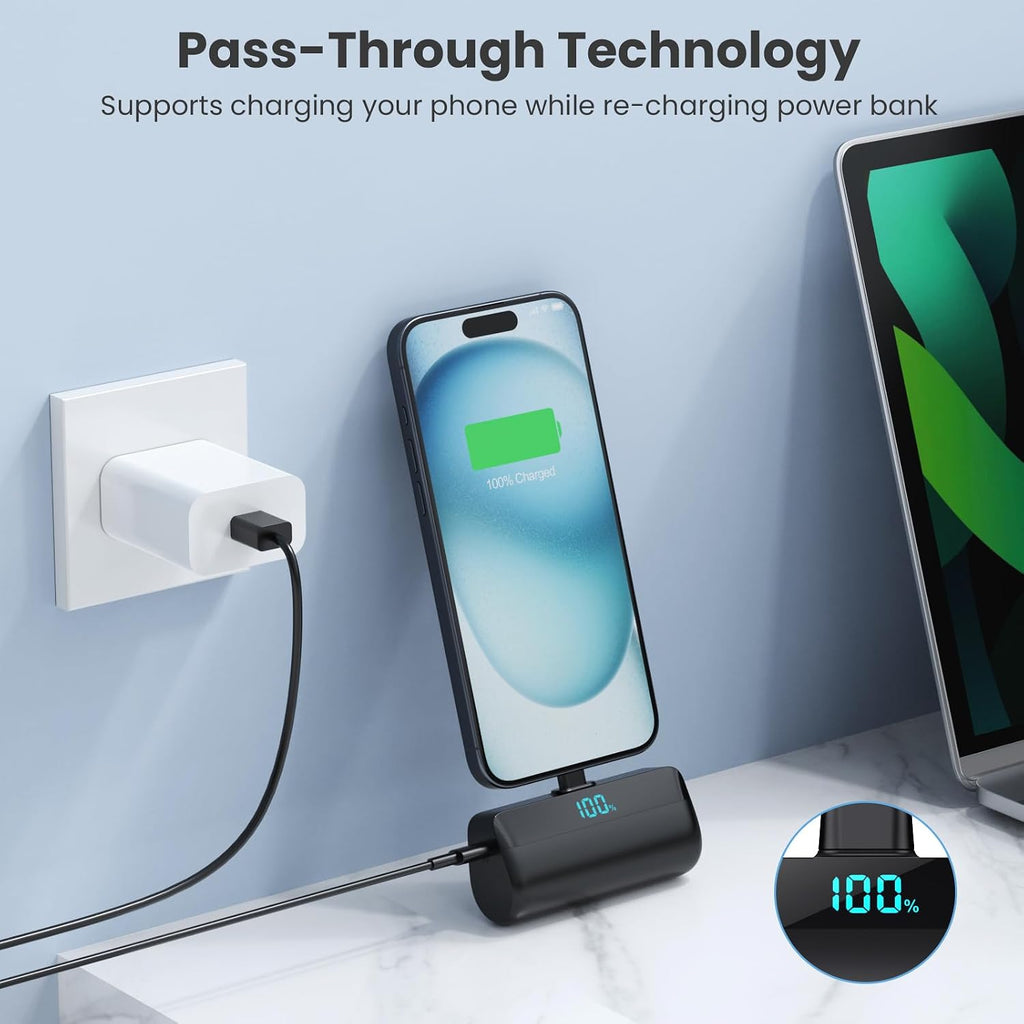 Feob Mini powerbank 5200 mAh voor iPhone 17/16 serie, PD 3A, snel opladen, USB C, powerbank met lcd-display, compatibel met iPhone 17/16/15 Plus Pro Max, Samsung S25/S24, telefoons