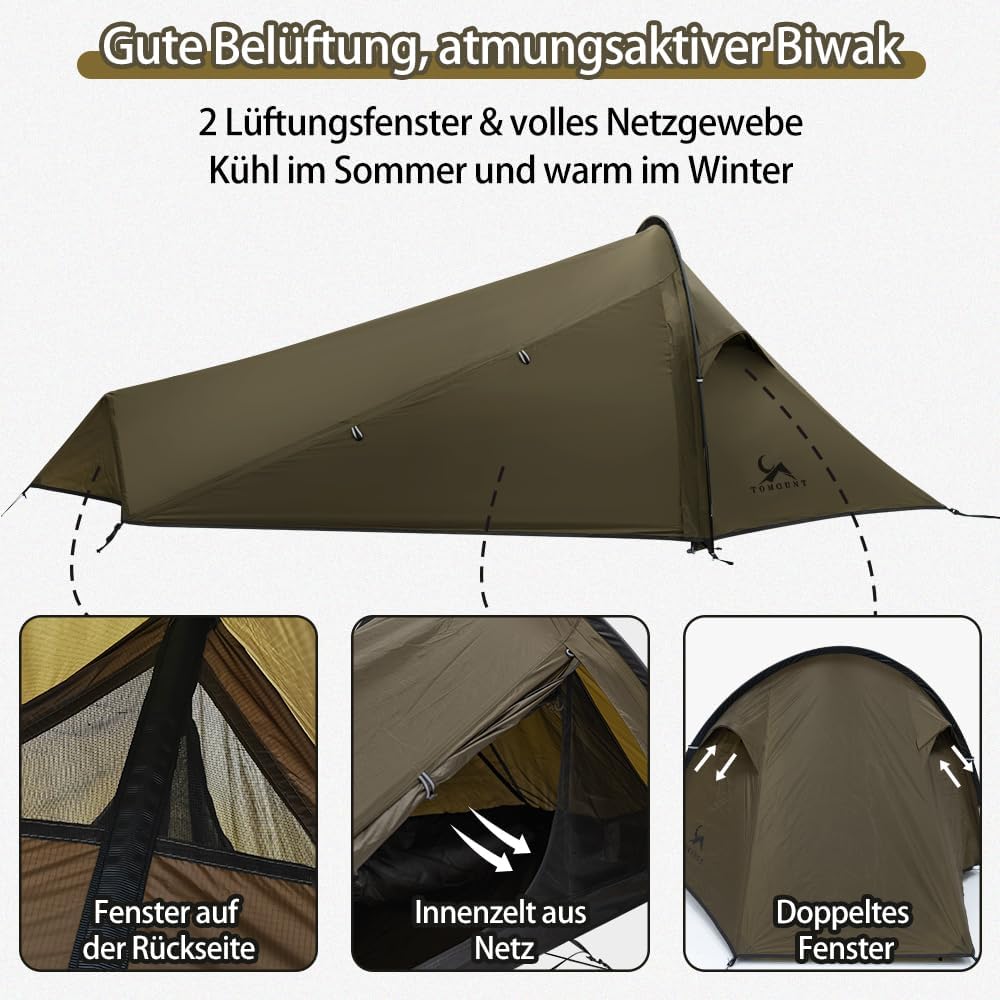 TOMOUNT BIVY Ultralichte nylon bivaktent voor 1 persoon, waterdicht, klein formaat, trekkingtent, camping, outdoor, klimmen met rugzak