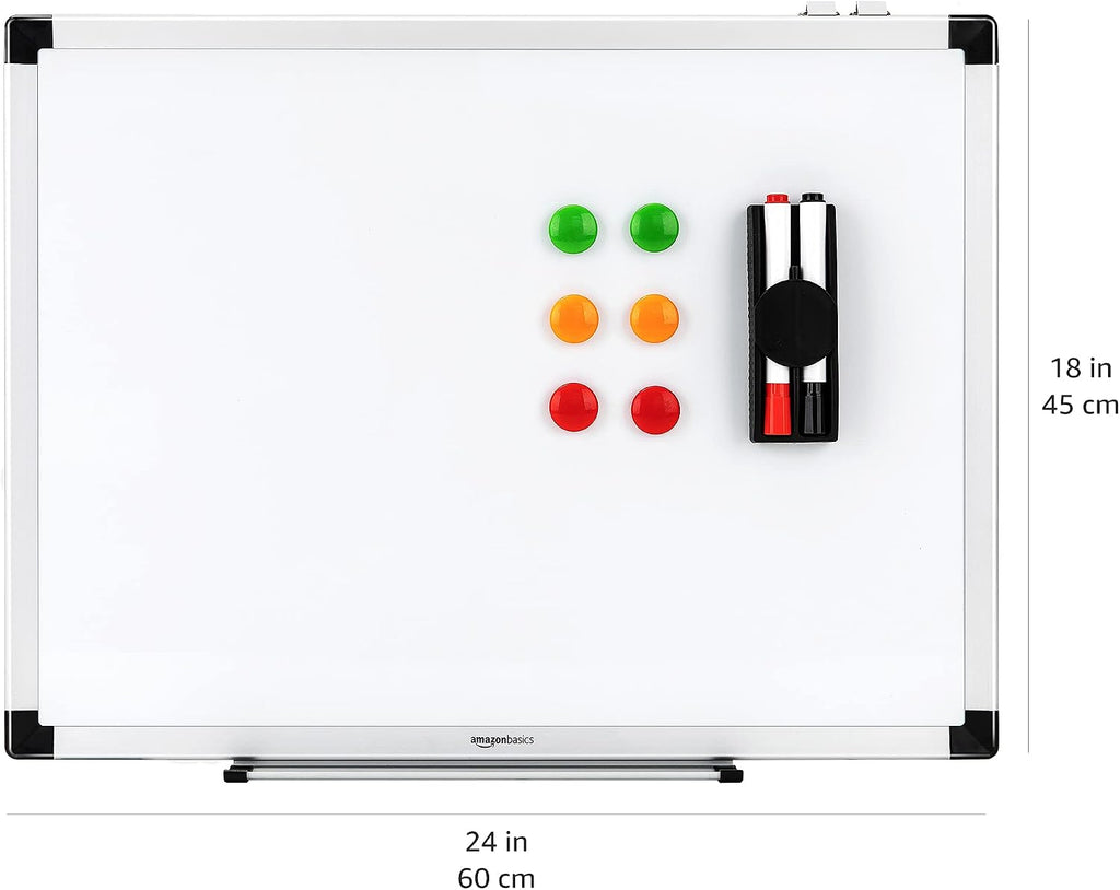 Amazon Basics Magnetisch droog uitwisbaar whiteboard met penhouder en aluminium stangen, wit, 60 x 45 cm