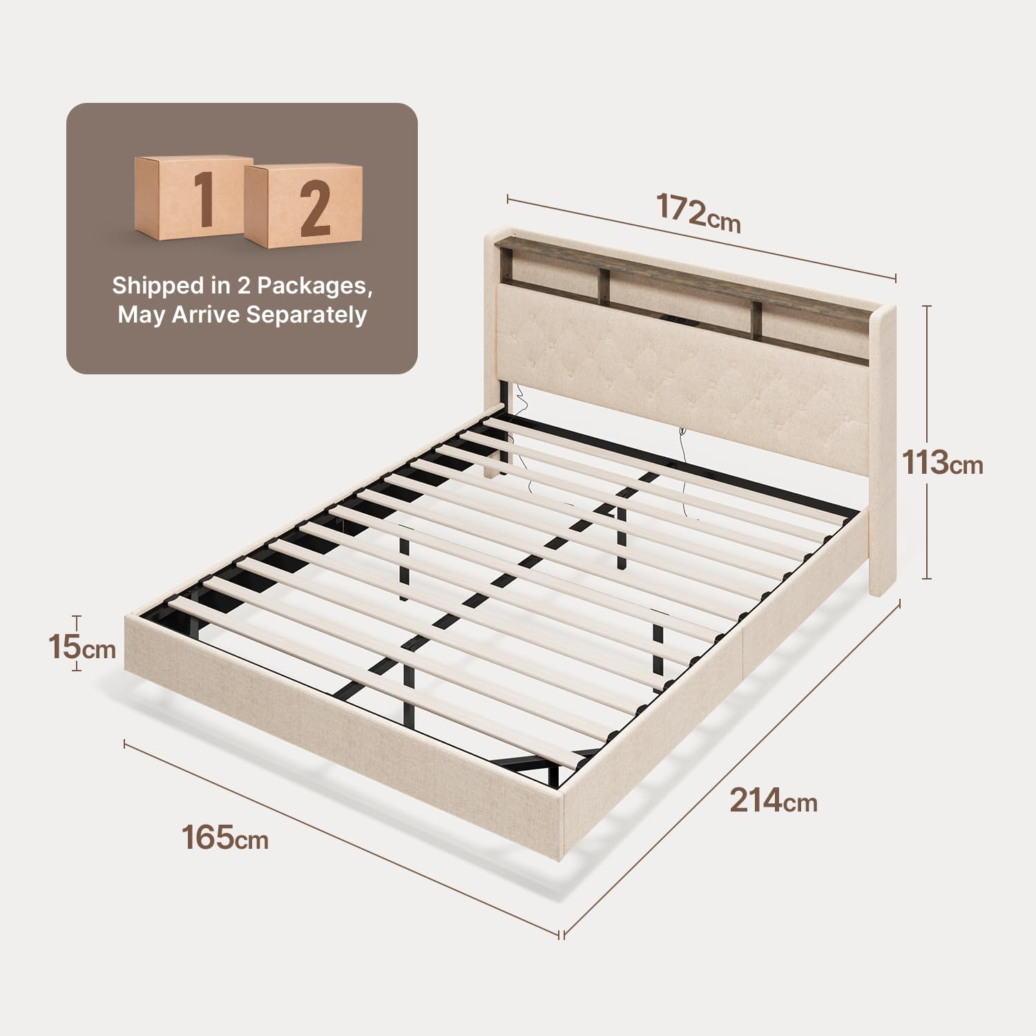 Lit Double 160 x 200 cm avec Éclairage LED & Prise Intégrée – Tête de Lit Capitonnée avec Rangement – Effet Flottant – Beige