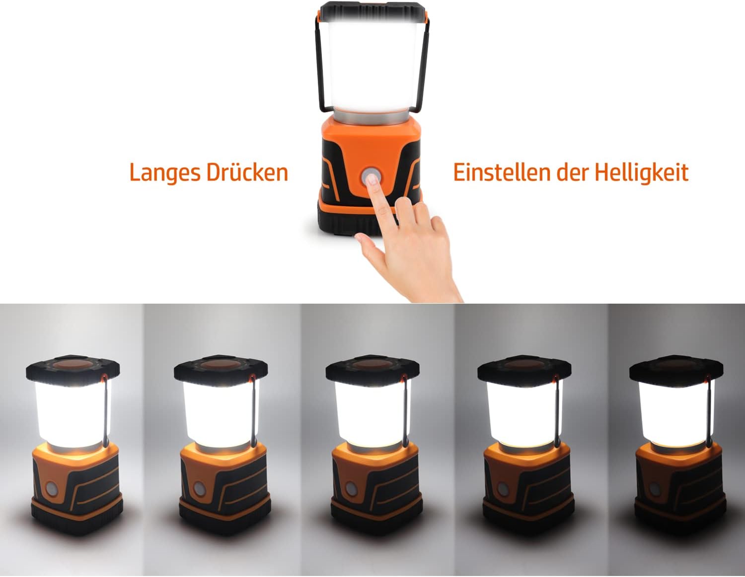 DA LIGHT Led-campinglamp, superhelder, 1500 lumen, 4 lichtmodi, dimbaar, op batterijen werkende noodlamp, geschikt voor nachtwandelingen, tentverlichting, noodgevallen, stroomuitval enz. (oranje)