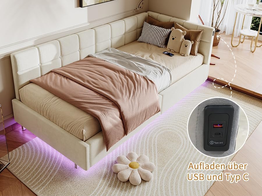 Lit Coffre 90x200 cm – Tête de Lit Rangement, Éclairage LED 16 Couleurs & Ports USB/USB-C