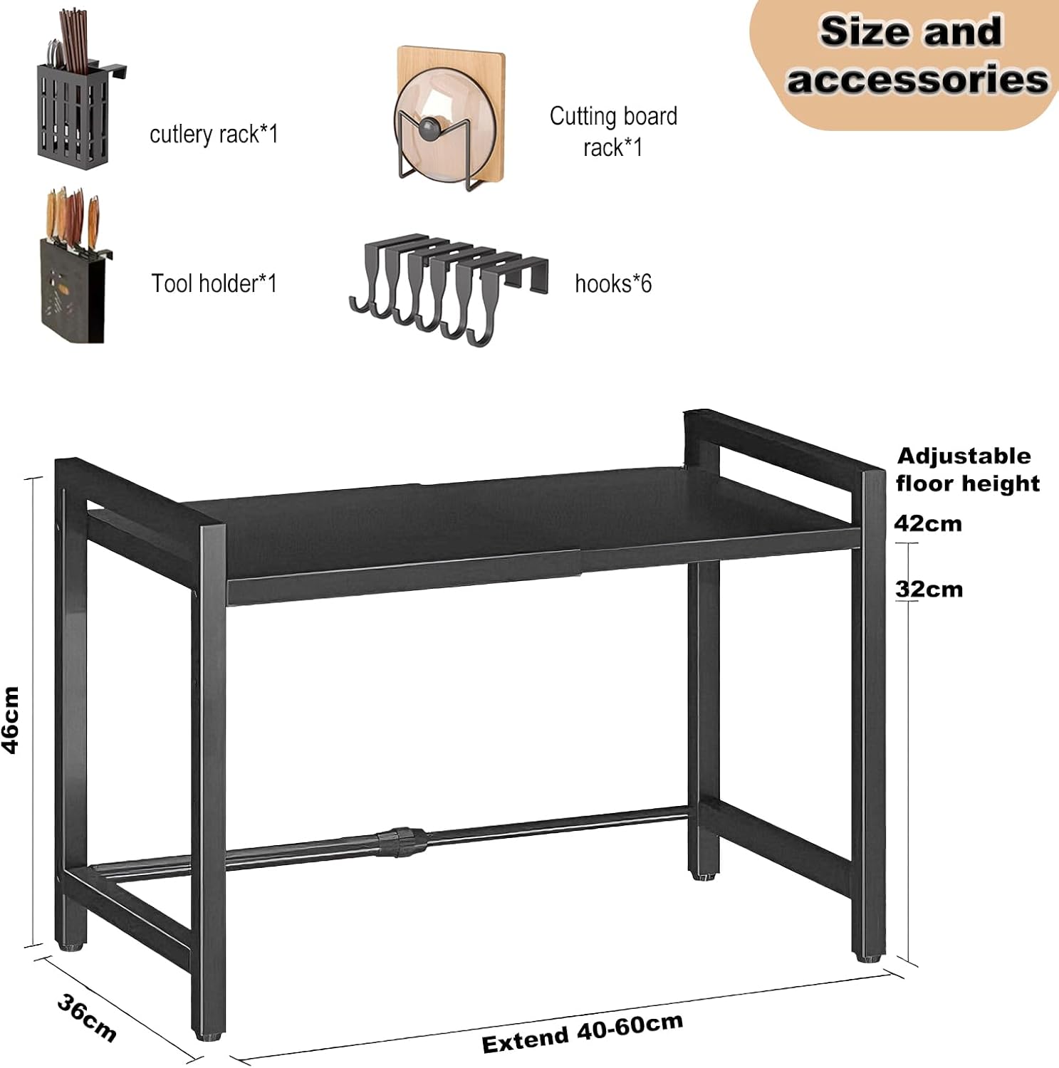 Étagère à Micro-ondes ViWaVee – 2 Niveaux Extensible 40-100 cm, Acier, Crochets & Porte-couteaux