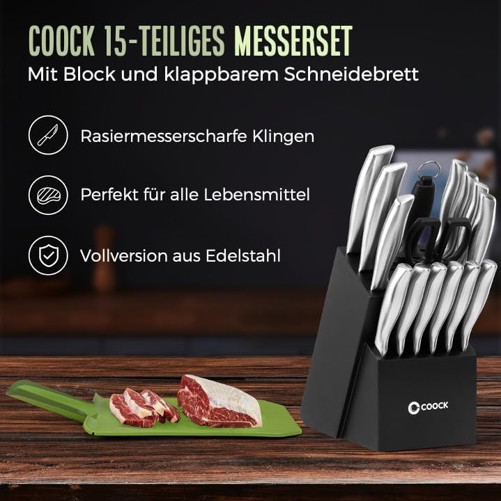Set de Couteaux Coock 17 Pièces — Bloc, Planche Pliable, Inox Sans BPA