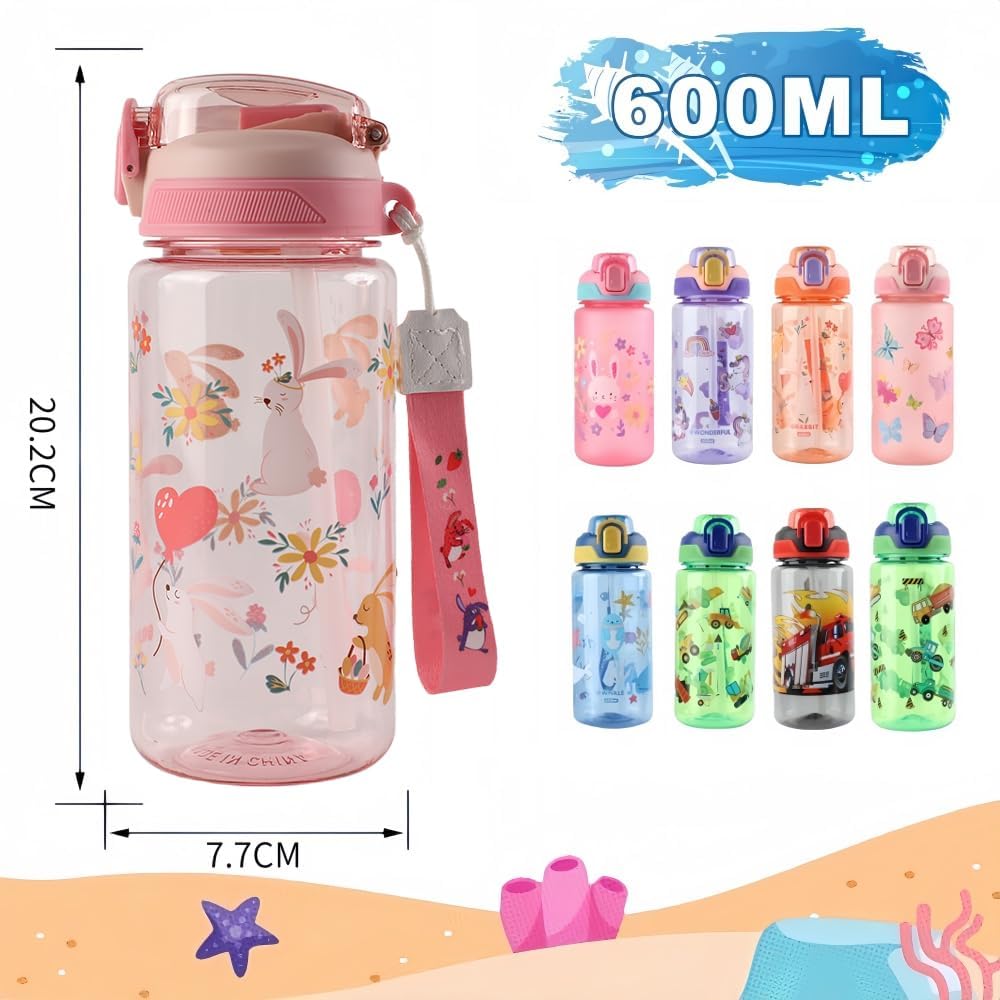 Children's Water Bottle, 600 ml, Sturdy and Shatterproof, Leak-Proof with Straw, BPA-Free, Beautiful Water Bottle for Girls and Boys Suitable for School Travel, Portable