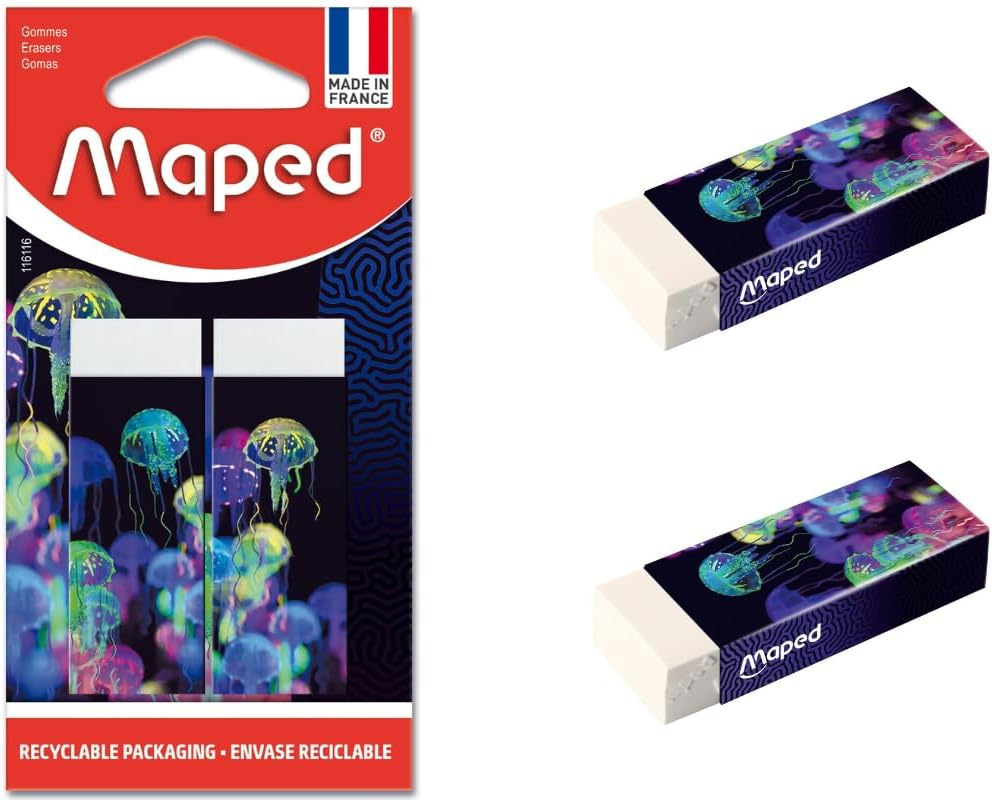 Maped - Set van 2 witte DeepSea Paradise gommen - Dust-Free schoolgum - PVC- en ftalaatvrij - versierde schede - Gemaakt in Frankrijk