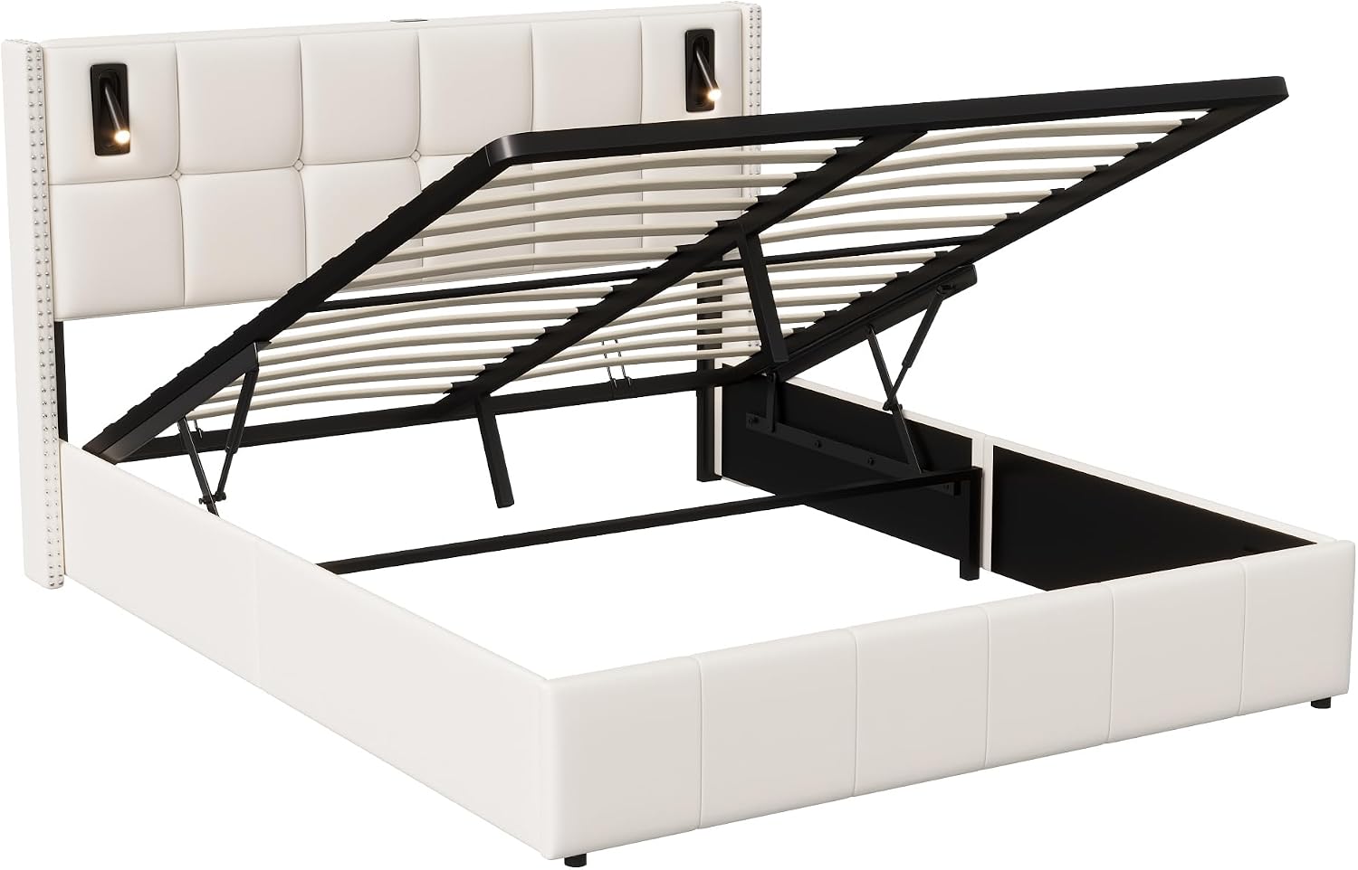 Lit Coffre Capitonné 140 x 200 cm – Tête de Lit Hydraulique & Sommier à Lattes – Flanelle Blanc Cassé